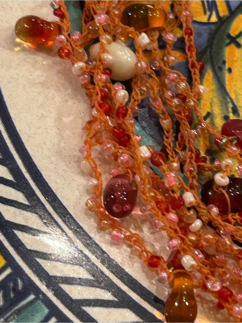Vintage Necklace Red Branch Coral, Carnelian, glass Mermaid’s Tears woven thread